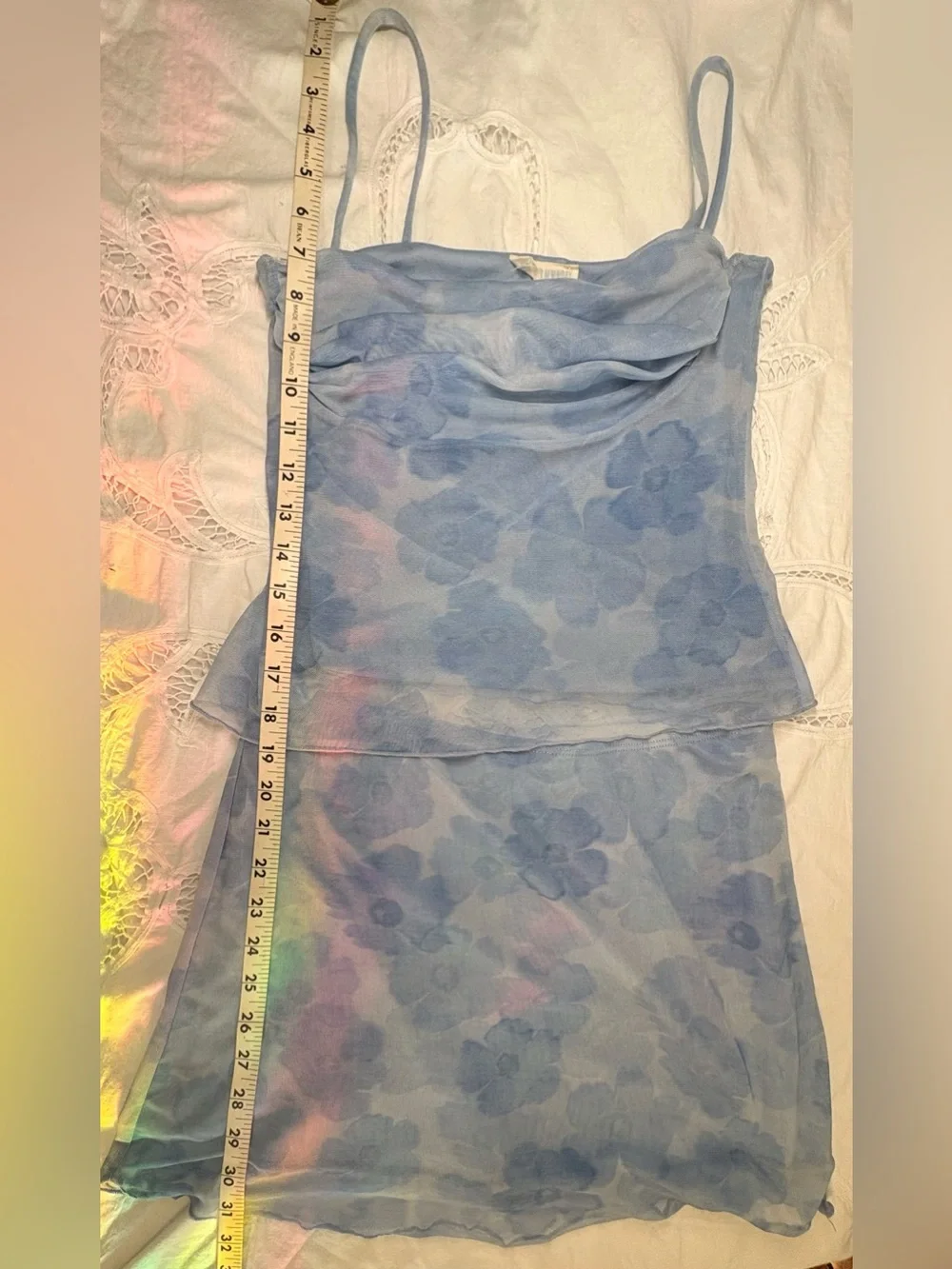 See You Monday Y2K Blue Floral Mesh Cami & Mini Skirt Set 2 Piece Coquette S/M